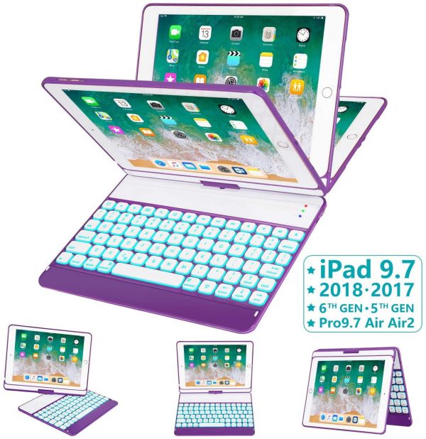 iPad Air 2 & 1 - iPad 2017 5th Gen - iPad Pro 9.7 Wireless/BT 6th Gen iPad Case with Keyboard Backlit 10 Color 360 Rotatable Thin & Light Violet iPad Keyboard Case for iPad 2018 