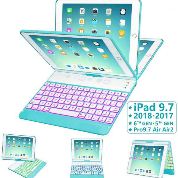 iPad Keyboard Case for iPad 2018 5th Gen Thin & Light - iPad Pro 9.7 Space Gray 360 Rotatable Wireless/BT 6th Gen iPad Air 2 & 1 iPad Case with Keyboard Backlit 10 Color - iPad 2017 