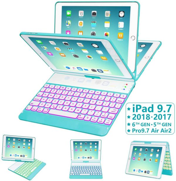 TEEPAO 9.7 Keyboard Case for IPad Auto Wake/Sleep Compatible with 2017/2018 New iPad & iPad Pro 9.7 & iPad Air 2 & 1 360 Rotate 7 Color Backlit Wireless/BT Case with Keyboard