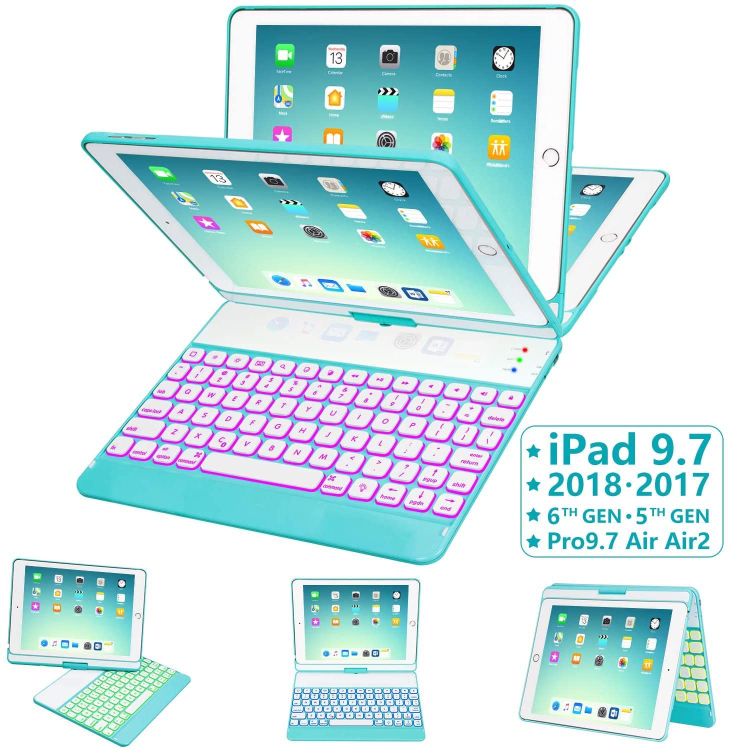 Backlit iPad Keyboard Case for iPad 2018 6th Gen - iPad Pro 9.7 Wireless/BT iPad Air 2 & 1 360 Rotatable 5th Gen Thin & Light iPad Case with Keyboard - iPad 2017 